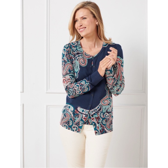 TALBOTS Charming Cardigan - Bright Paisley Size M - Picture 1 of 9